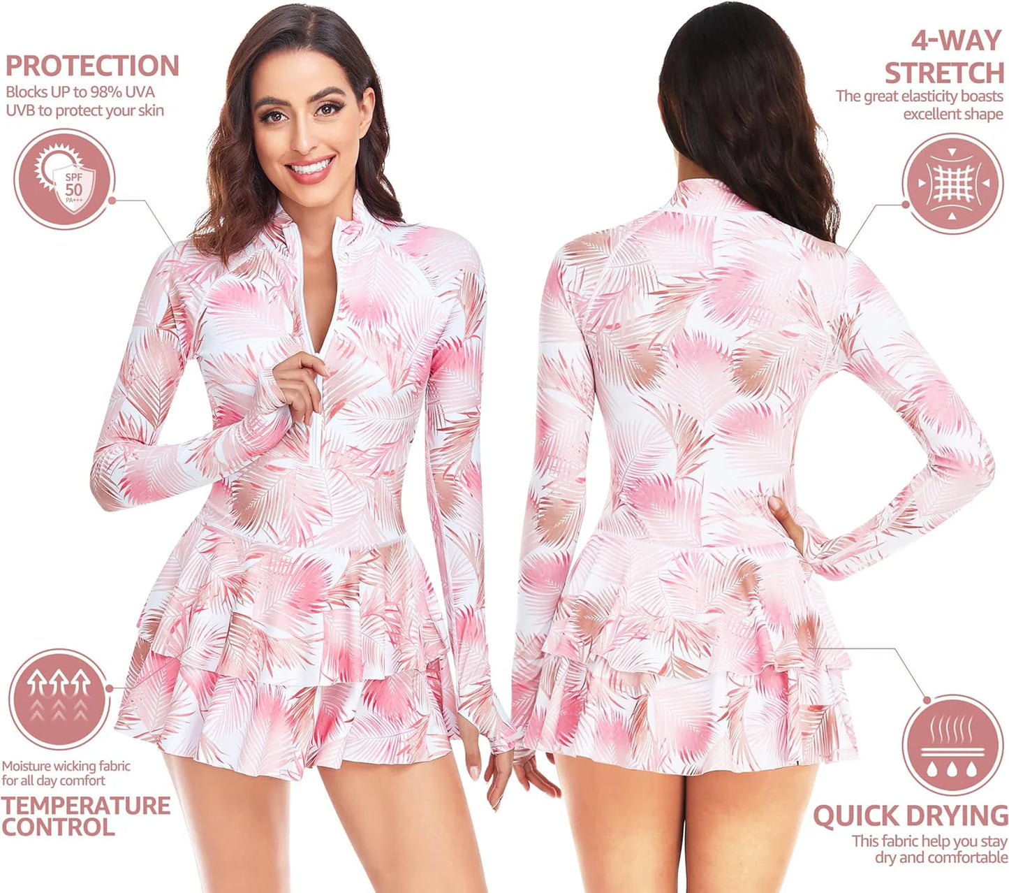 One-Piece Long Sleeve Ruffle Skirt Swimsuit