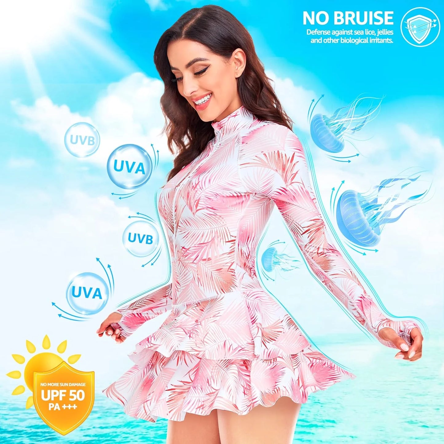 One-Piece Long Sleeve Ruffle Skirt Swimsuit