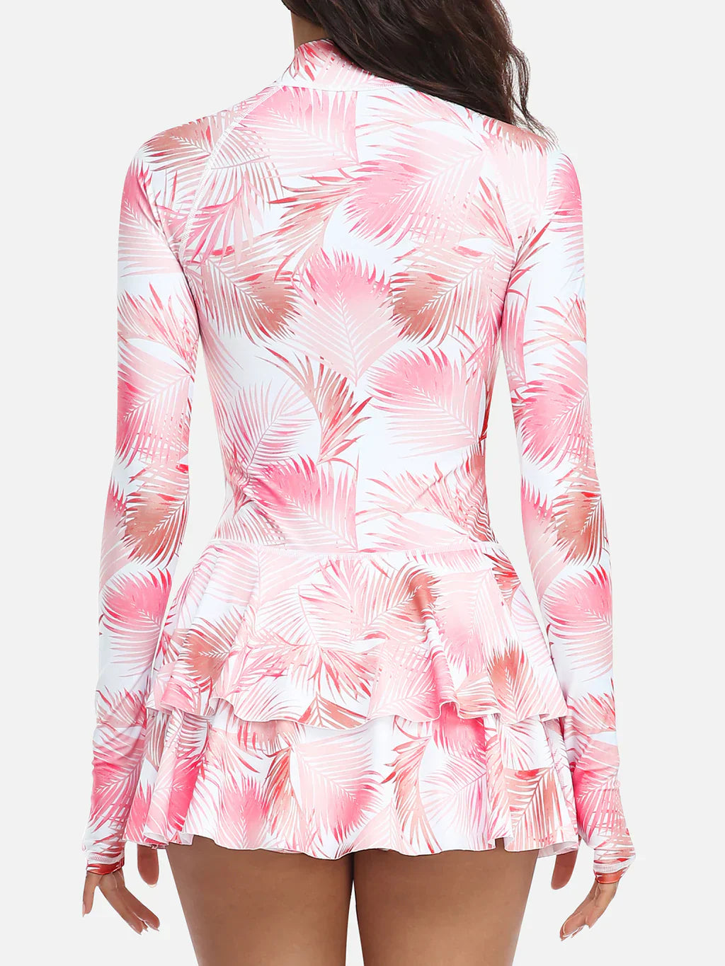 One-Piece Long Sleeve Ruffle Skirt Swimsuit