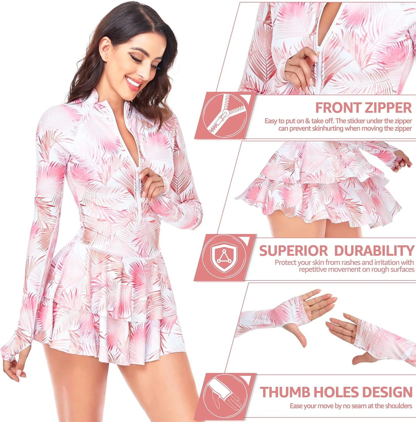 One-Piece Long Sleeve Ruffle Skirt Swimsuit