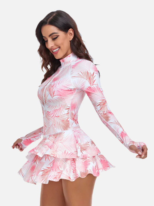 One-Piece Long Sleeve Ruffle Skirt Swimsuit